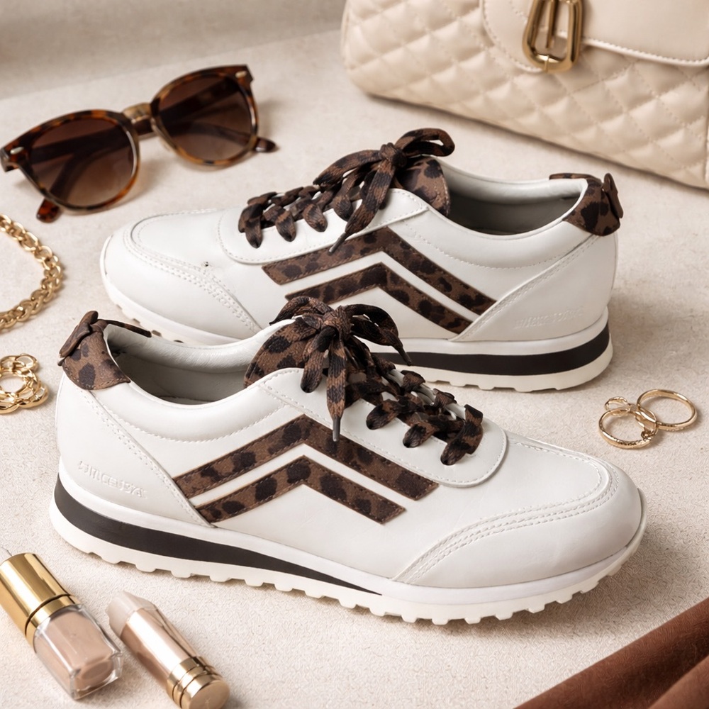 Franco Sarto White Leather Leopard Print Lace-Up Sneakers (7M)